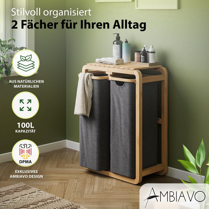 Wäschekorb 2 Fächer grau 100 L – Platzsparendes Design – 50L pro Fach - Stabile Bambuskonstruktion –