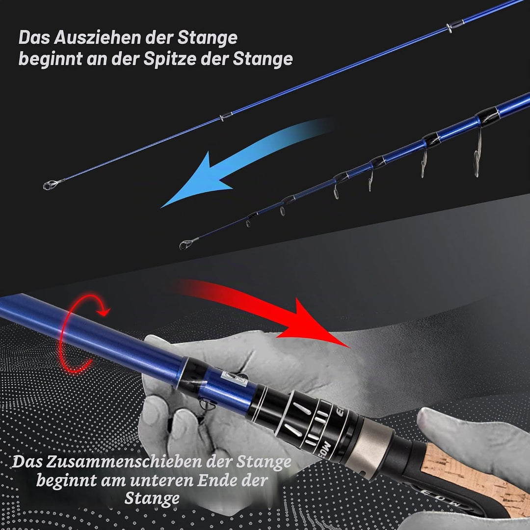 EOW XPEDITE PRO Tragbare Teleskop-Angelruten, 24T Carbon Rohlinge & Solid Carbon Spitze, Korkgriff,