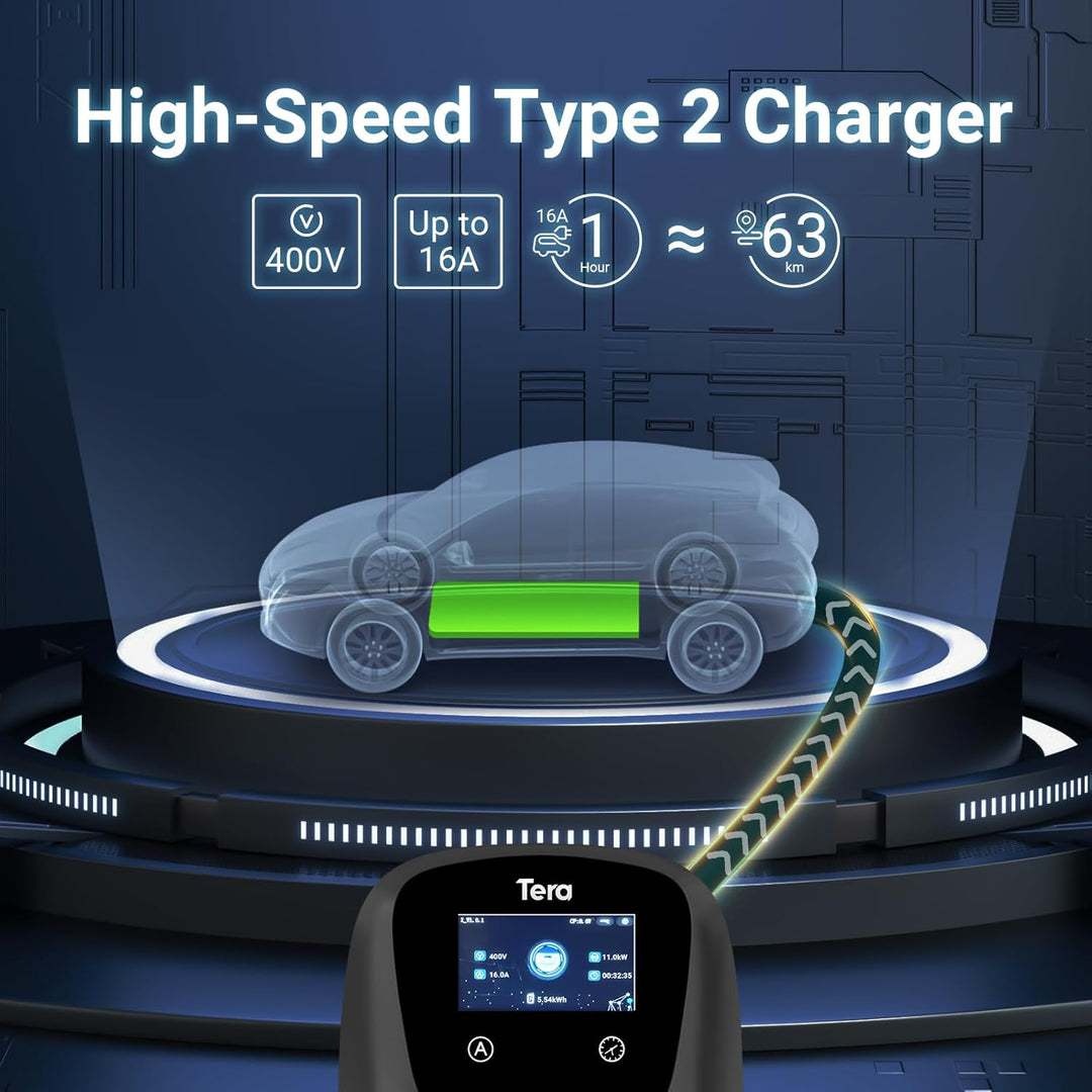Tera Smart EV Ladegerät Typ 2 Wallbox mit APP 11kW 16A 400V CE&TÜV mit Wlan & Bluetooth 7m Ladekabel