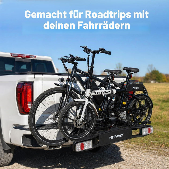 HITWAY Fahrradträger für 2 E-Bikes, 60 kg Tragfähigkeit, klappbare Pedalstützen, LED-Rückleuchten, v