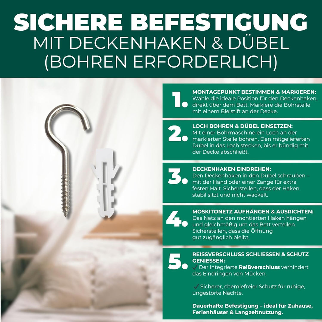 Silberkraft Premium Moskitonetz mit Haken inklusive Dübel, XXL für Doppelbett, Betthimmel mit Reissv
