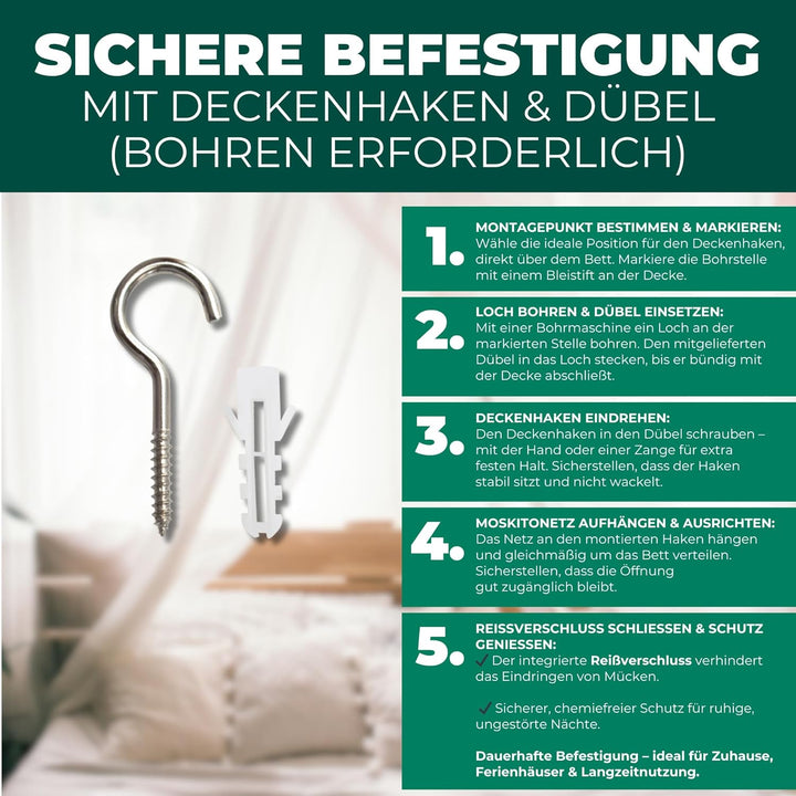Silberkraft Premium Moskitonetz mit Haken inklusive Dübel, XXL für Doppelbett, Betthimmel mit Reissv