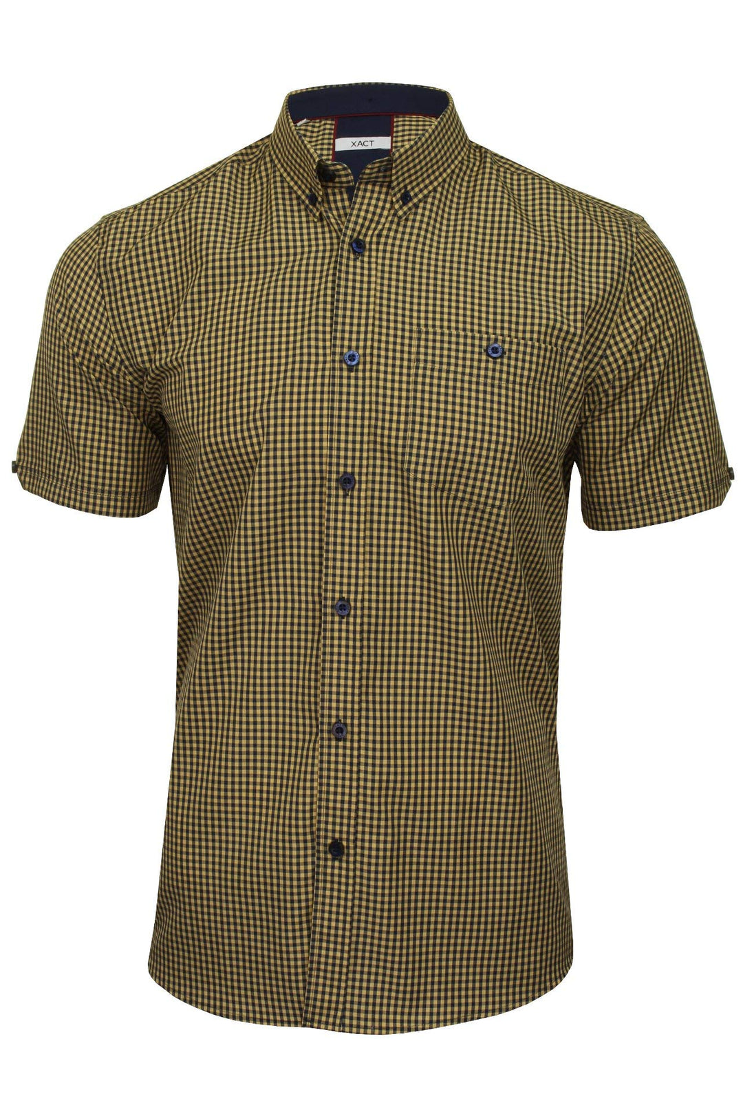 Xact Herren Kurzarmhemd mit Gingham-Karo, Button-Down-Kragen, Normale Passform S Mustard/ Navy, S Mu