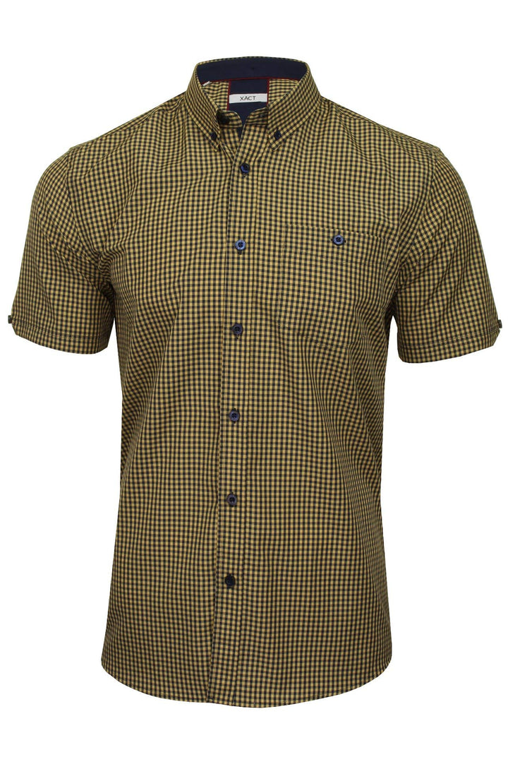 Xact Herren Kurzarmhemd mit Gingham-Karo, Button-Down-Kragen, Normale Passform L Mustard/ Navy, L Mu