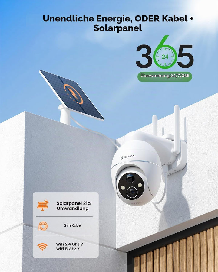 2K Überwachungskamera Aussen Akku Solar, Kabellos 2,4GHz WLAN Outdoor Kamera, 360° PTZ Kamera Überwa
