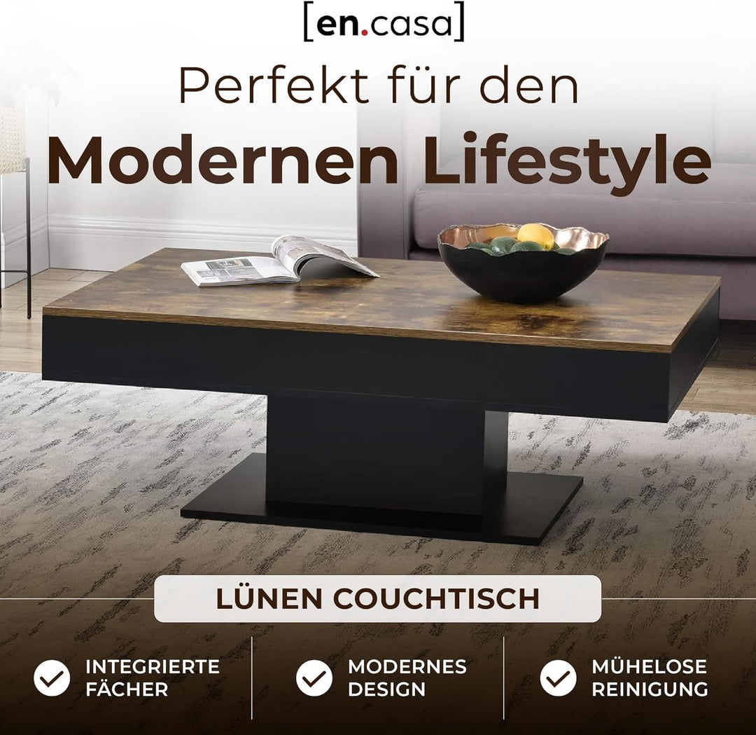 [en.casa] Couchtisch Lünen Wohnzimmertisch mit Stauraum Holzoptik Schwarz Truhentisch Sofatisch mit