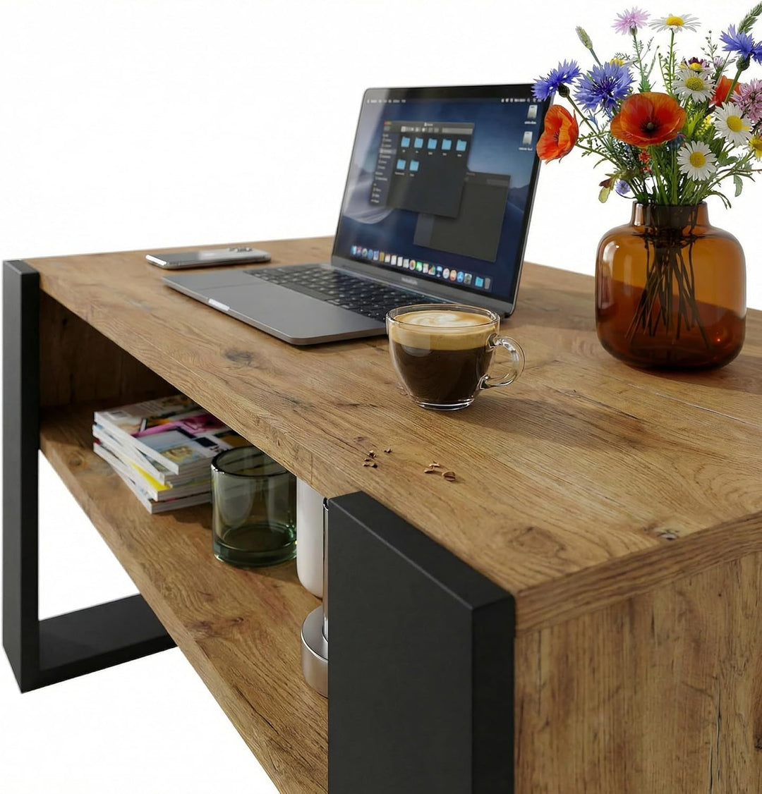 CraftPAK Wohnzimmer Tisch für Couch aus hochwertigem Holzwerkstoff, moderner Couchtisch mit zusätzli