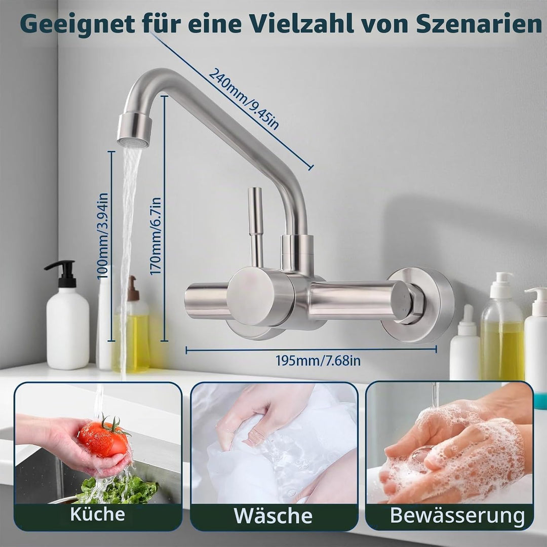 Wasserhahn Wandmontage Küche 360° Drehbar, Wasserhahn Verlängerung Kalt und Heiss Einhebelmischer Kü