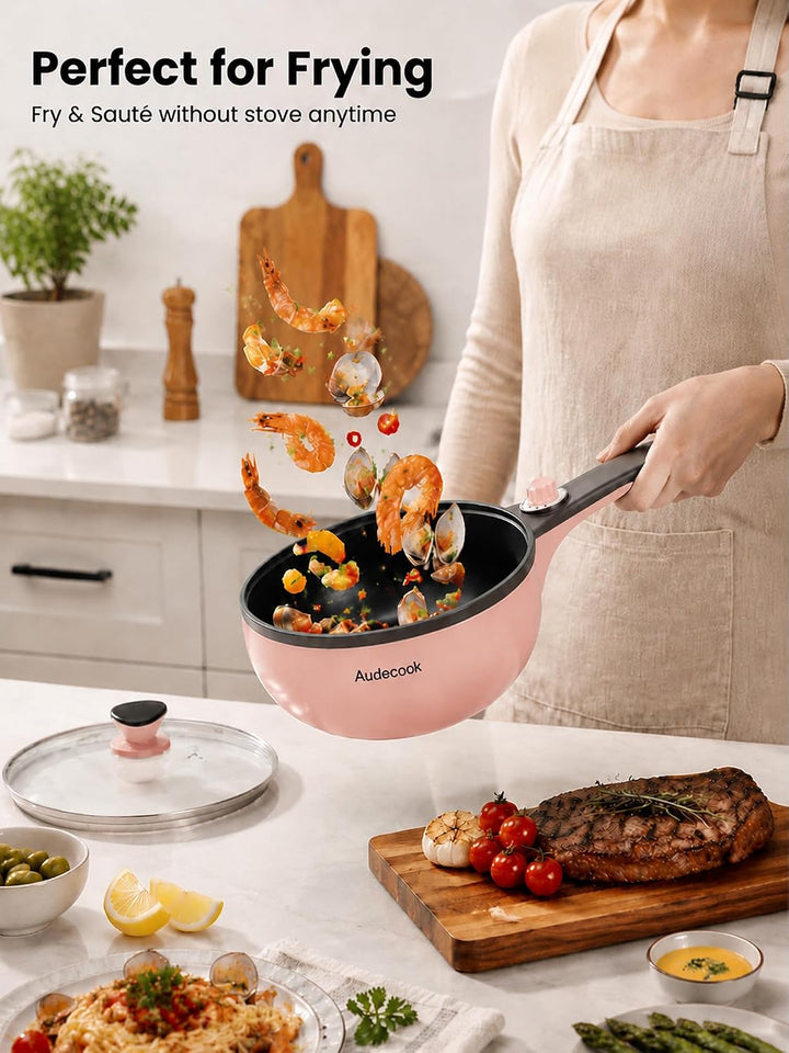 Audecook Elektrische Pfannen mit Dampfgarer, 1,5L Bratpfanne 20cm, Antihaft Klein Elektropfanne, Mul