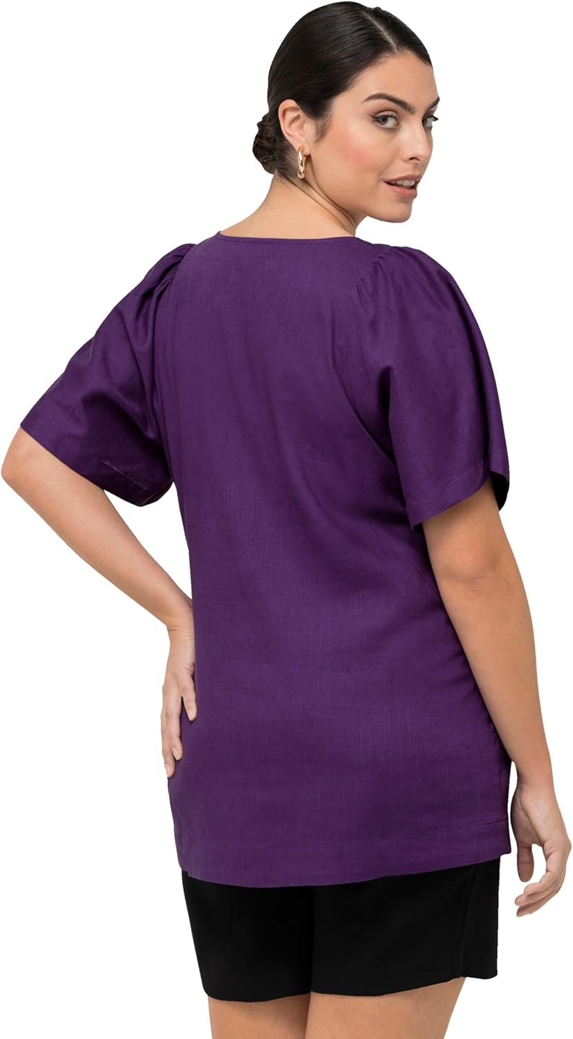 Ulla Popken Damen, Leinenmix, A-Linie, Tunika-Ausschnitt, Halbarm Bluse 46-48 Lila, 46-48 Lila