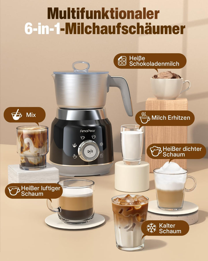 Milchaufschäumer Elektrisch 6 in 1, 500 ML Heisser & kalter Milchschaum, 630W Milchschäumer aus Edel