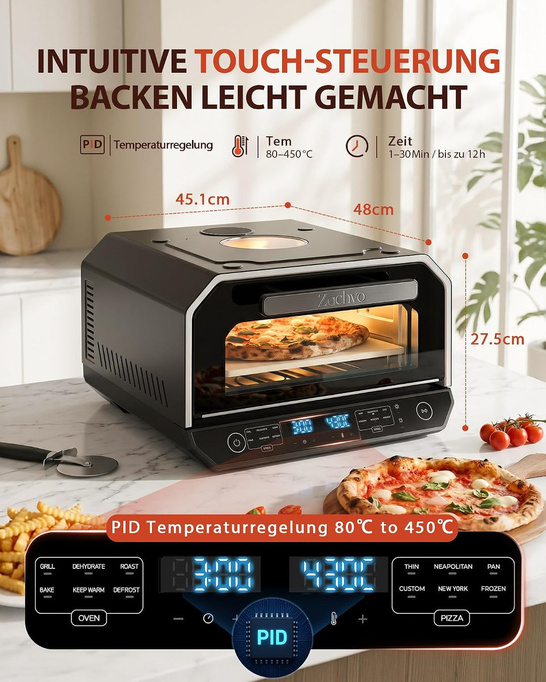 Pizzaofen Elektrisch 450°C – Neapolitanische Pizza in 90 Sek, Sichtfenster &amp; Innenbeleuchtung, 13 Pr