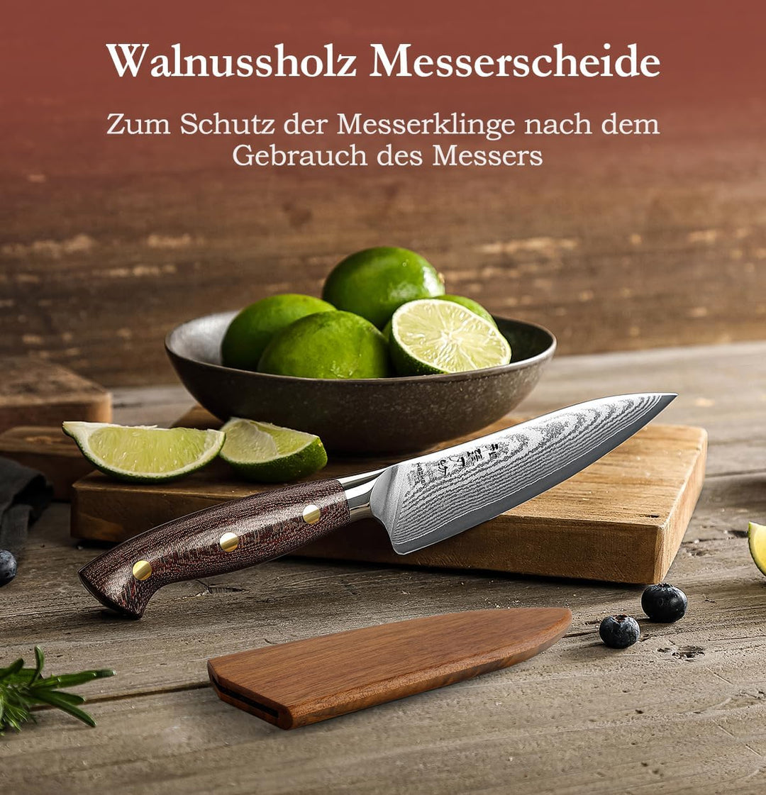 HEZHEN Damaststahl Universal Messer, Hartstahl Allzweckmesser mit Holzmesserscheide, Rasiermessersch