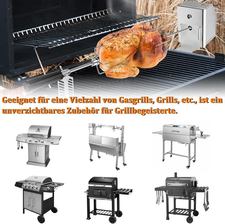 Elektrischer Grillspiess Set 107cm Drehspiess inkl. 2X Fleischnadeln und Edelstahl Motor, 220V-240V,
