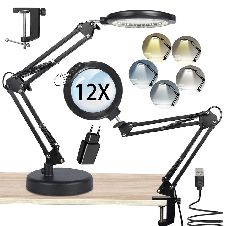12X Tischlupe mit Licht und Ständer, Tischlampe mit Lupe & Lupenleuchte mit Klemme 2-in-1, 5 Farbmod