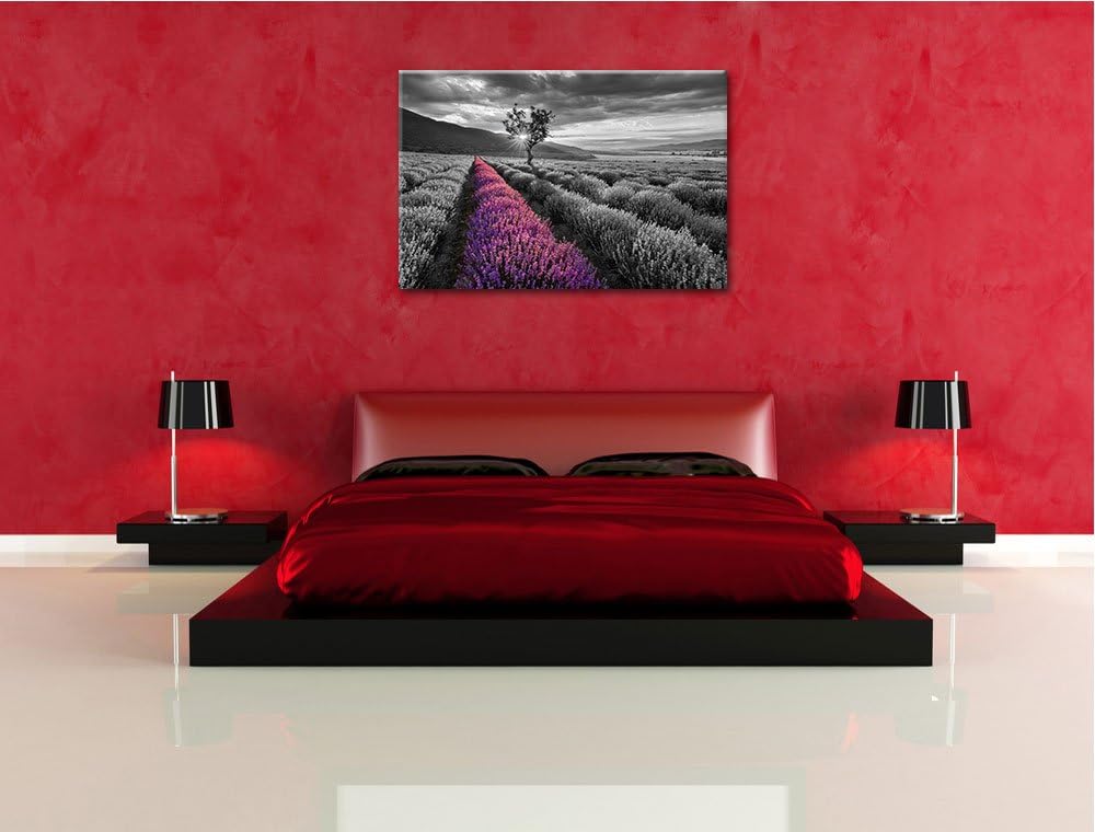 Lavendelfeld mit einsamen Baum schwarz/weiss Format: 100x70 auf Leinwand, XXL riesige Bilder fertig
