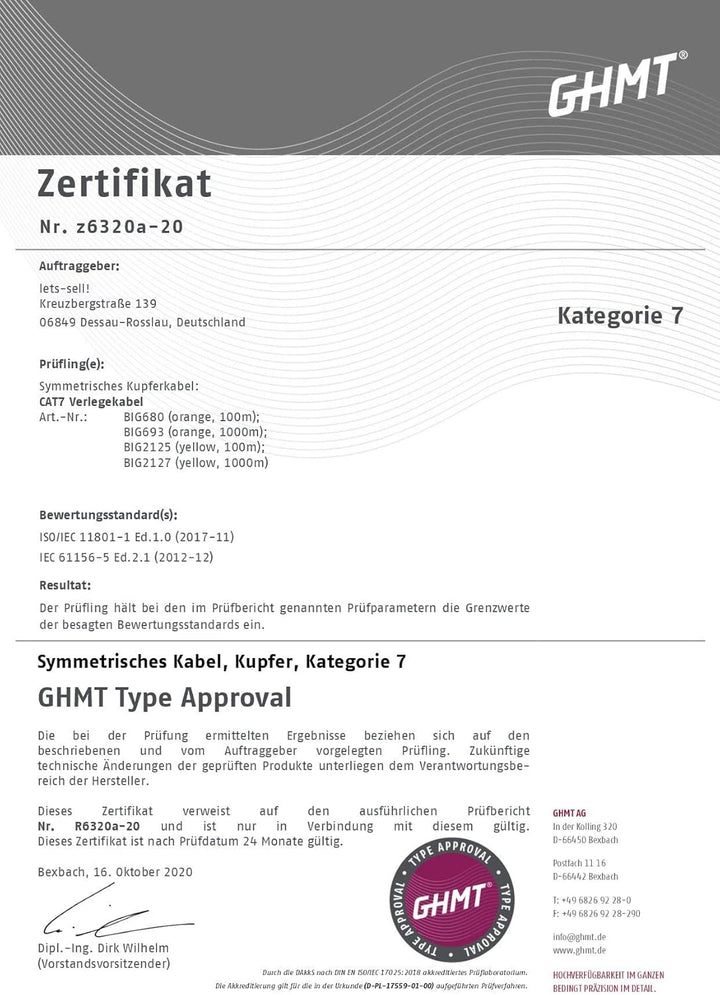 BIGtec Verlegekabel CAT-7 Netzwerkkabel LAN Kabel 90m CAT7 PiMF S/FTP halogenfrei BauPVO Eca POE gel