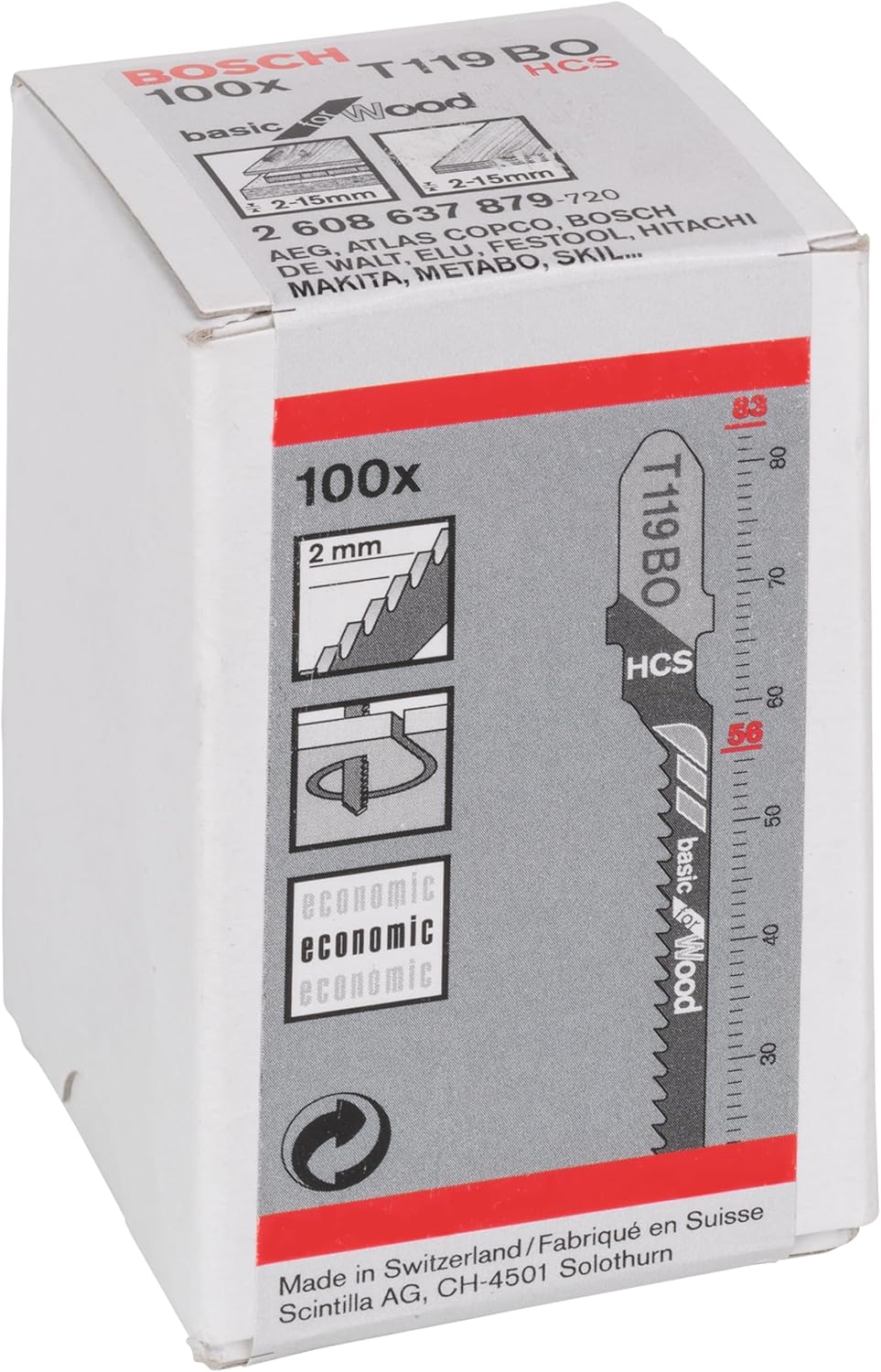 Bosch Professional 100 x Stichsägeblatt T 119 BO Basic for Wood (für weiches Holz, Kurvenschnitt, Zu