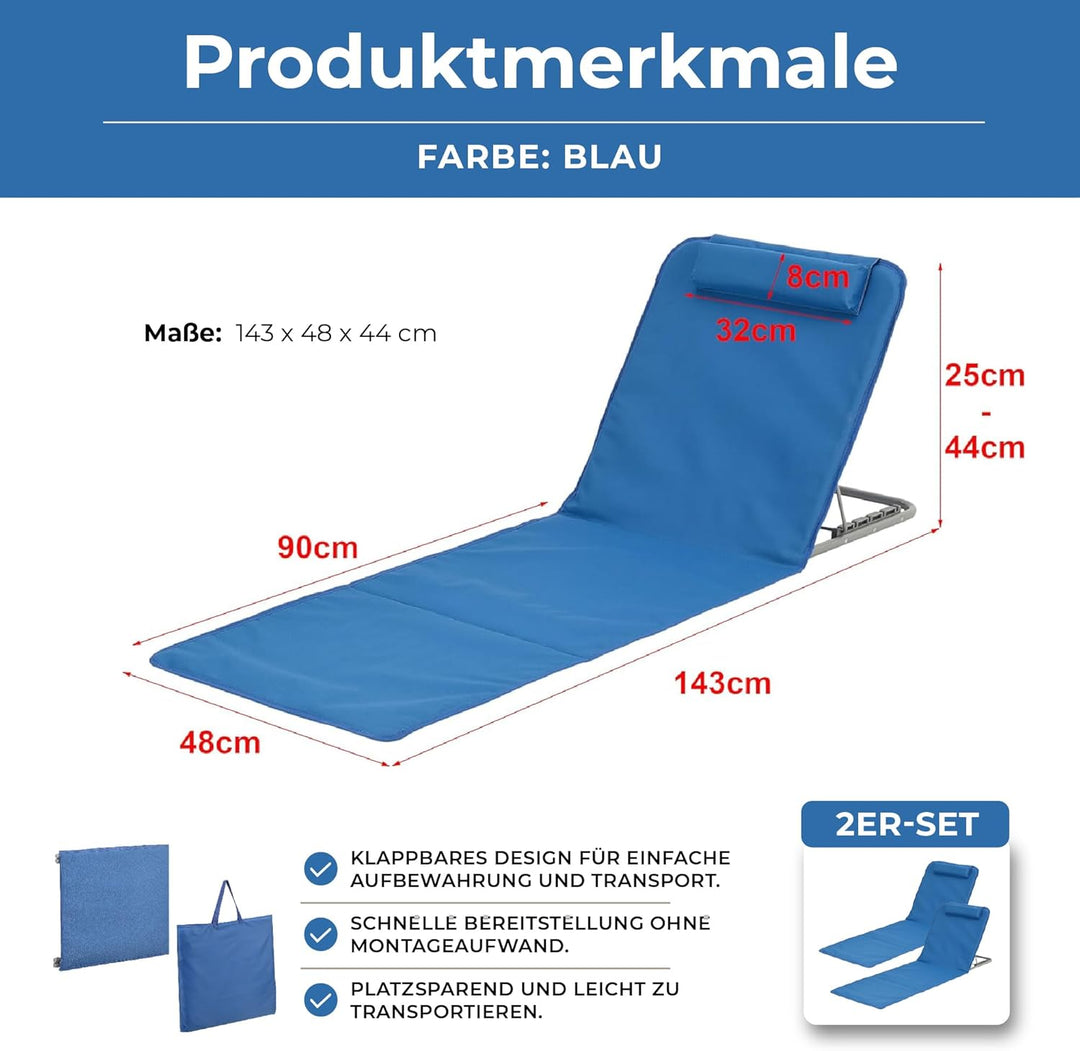 [en.casa] Strandmatte Donostia 2er Set Sonnenmatte klappbar Blau Strandliege mit Verstellbarer Rücke