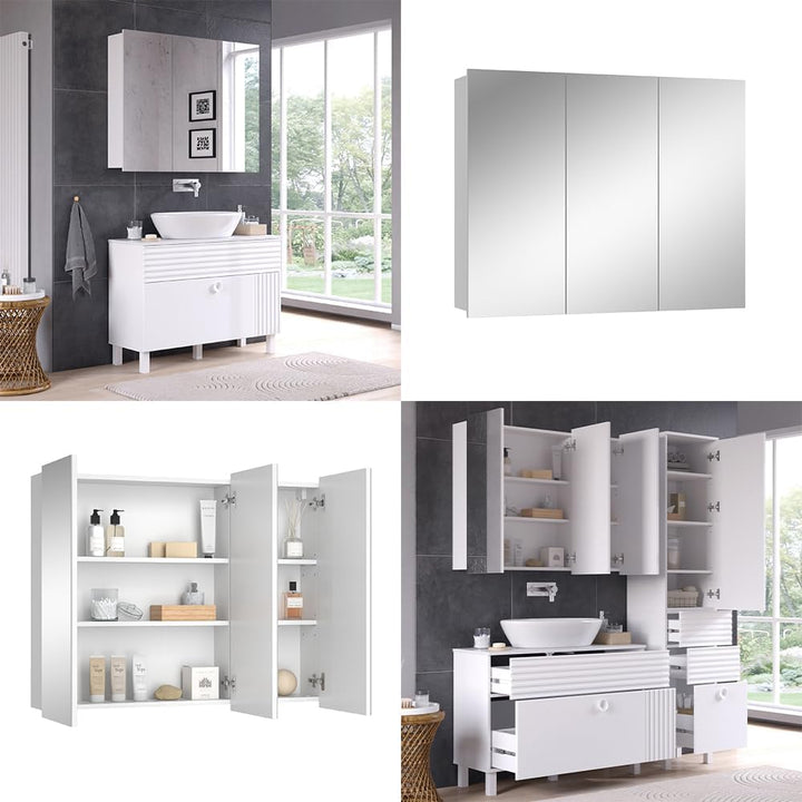Vicco Bad Spiegelschrank Sola, Weiss, 100 x 79.8 cm mit 3 Türen 100 x 80 cm, 100 x 80 cm