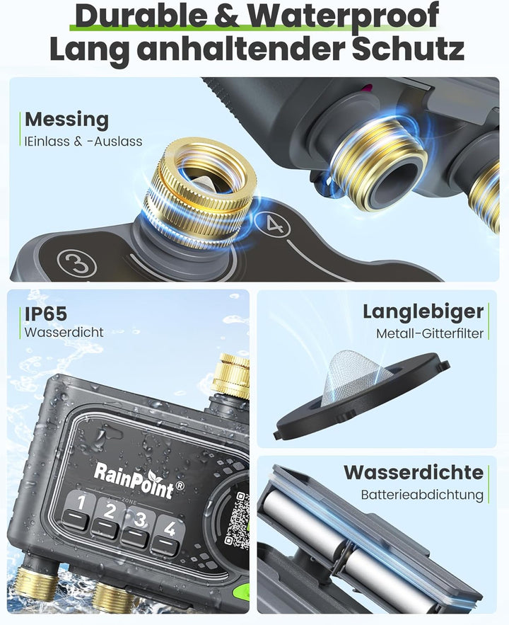 RAINPOINT Bewässerungscomputer Wlan 4 Ausgänge, APP-gesteuertes Automatisches Bewässerungssystem mit