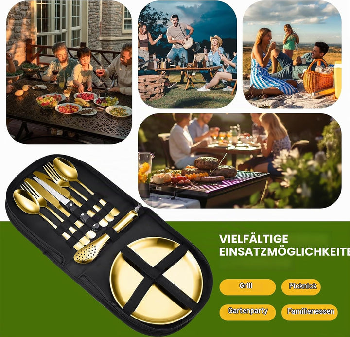 Tragbares Camping-Geschirr-Set, 13-teilig, 2 Personen, Edelstahl, für Outdoor, Camping, Picknick Gol