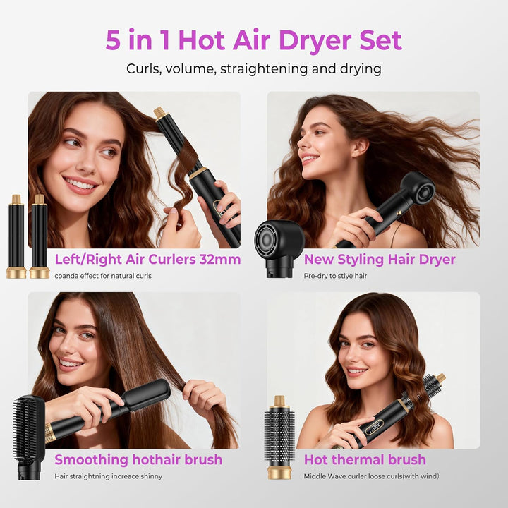 5 IN 1 Hairstyler 1000W Haarstyler, LCD Air Brush Rundbürstenföhn, Lockenstab und Haarglätter, 3 Tem