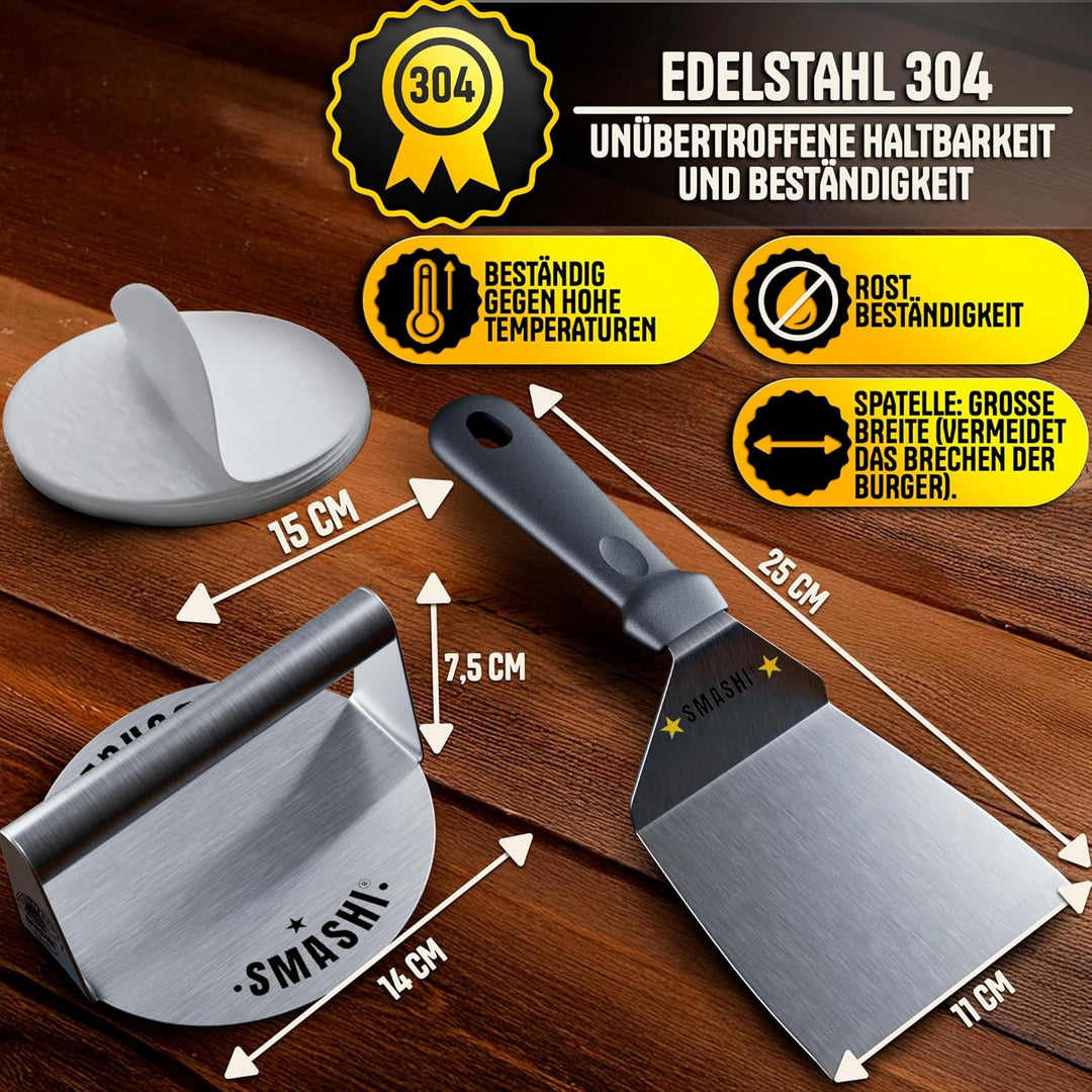 SMASHI® Smash Burger Set aus Edelstahl 304 – Professionelles Set mit Antihaft-Presse, Grillspachtel