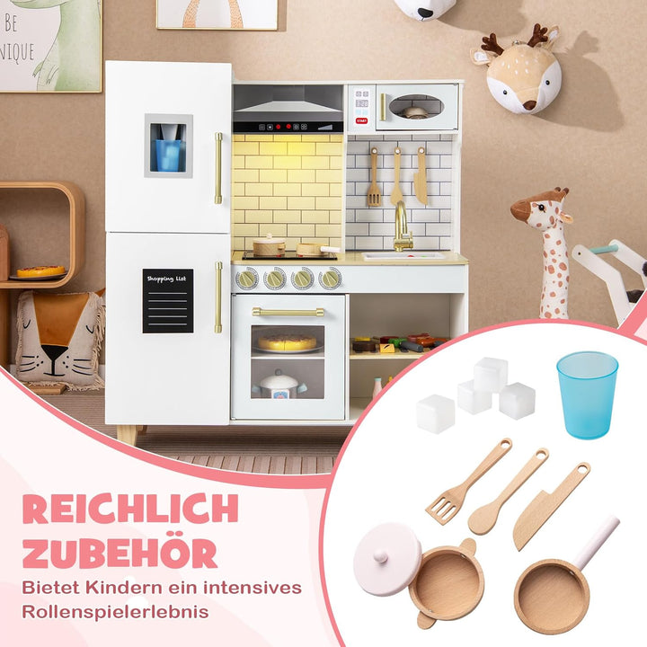 DREAMADE Kinderküche Holz mit 10 TLG. Zubehör, Holzküche Kinder Küche mit Herd Dunstabzugshaube Eism