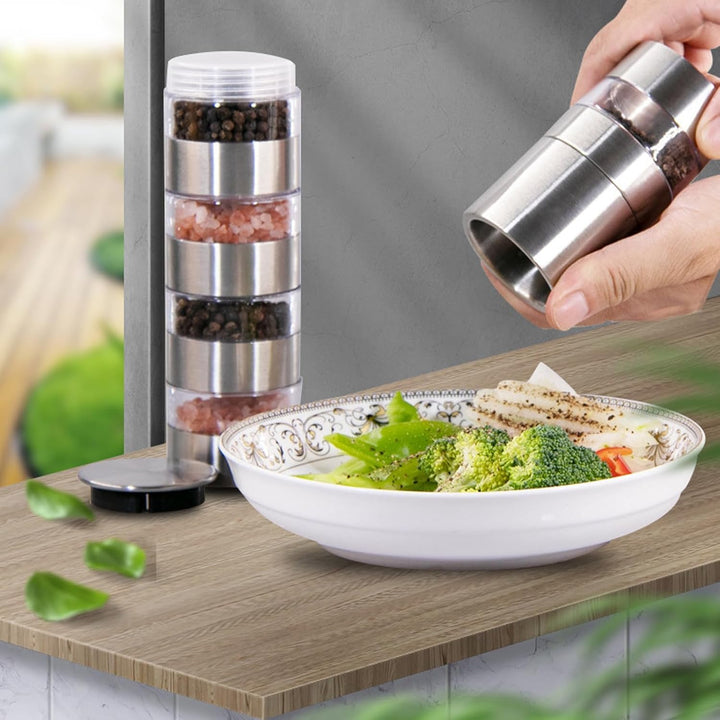 5 in 1 Gewürzstreuer, Mini Gewürzgläser Set mit Deckel Gewürzstreuer Camping mit Gewürzmühle, Reise-