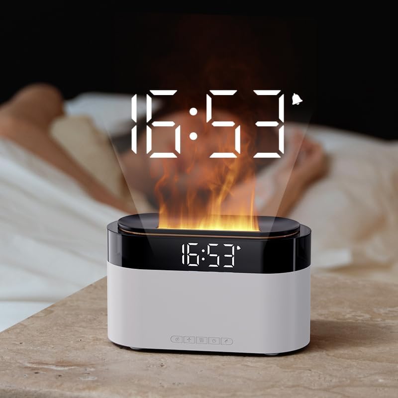 Flammen Aroma Diffuser mit Lichtwecker,Diffuser Ätherische Öle mit Fernbedienung,Wecker mit Licht,Lu
