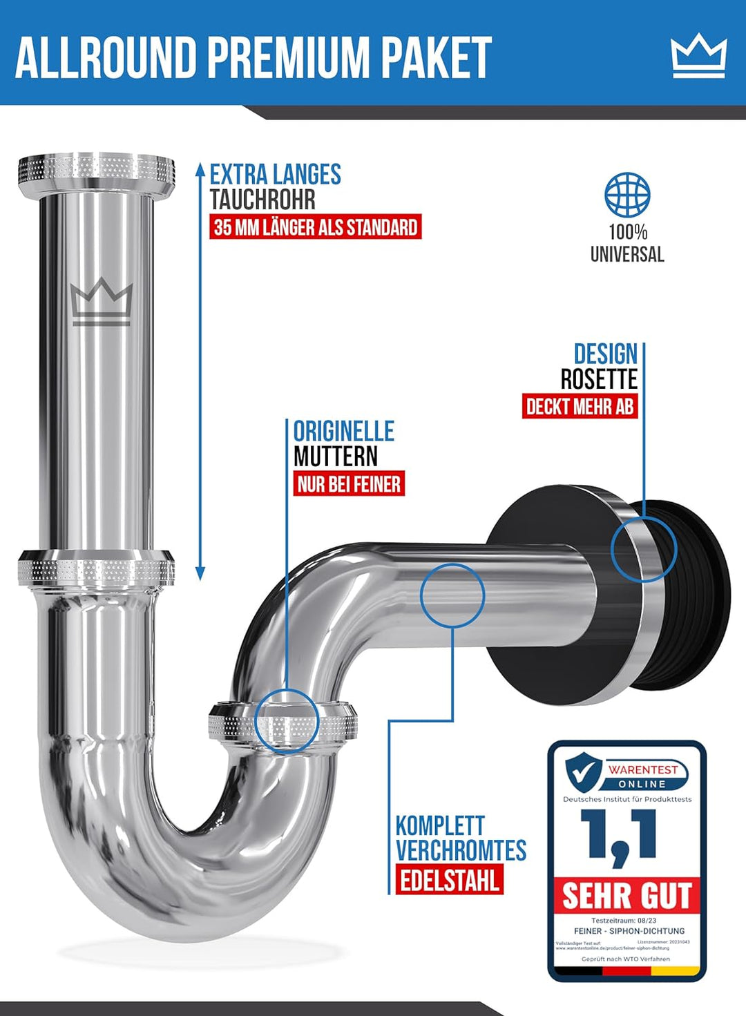 FEINER® - Premium Universal Siphon für Waschbecken Edelstahl, Abflussrohr Tauchrohr 2-12cm höhenvers