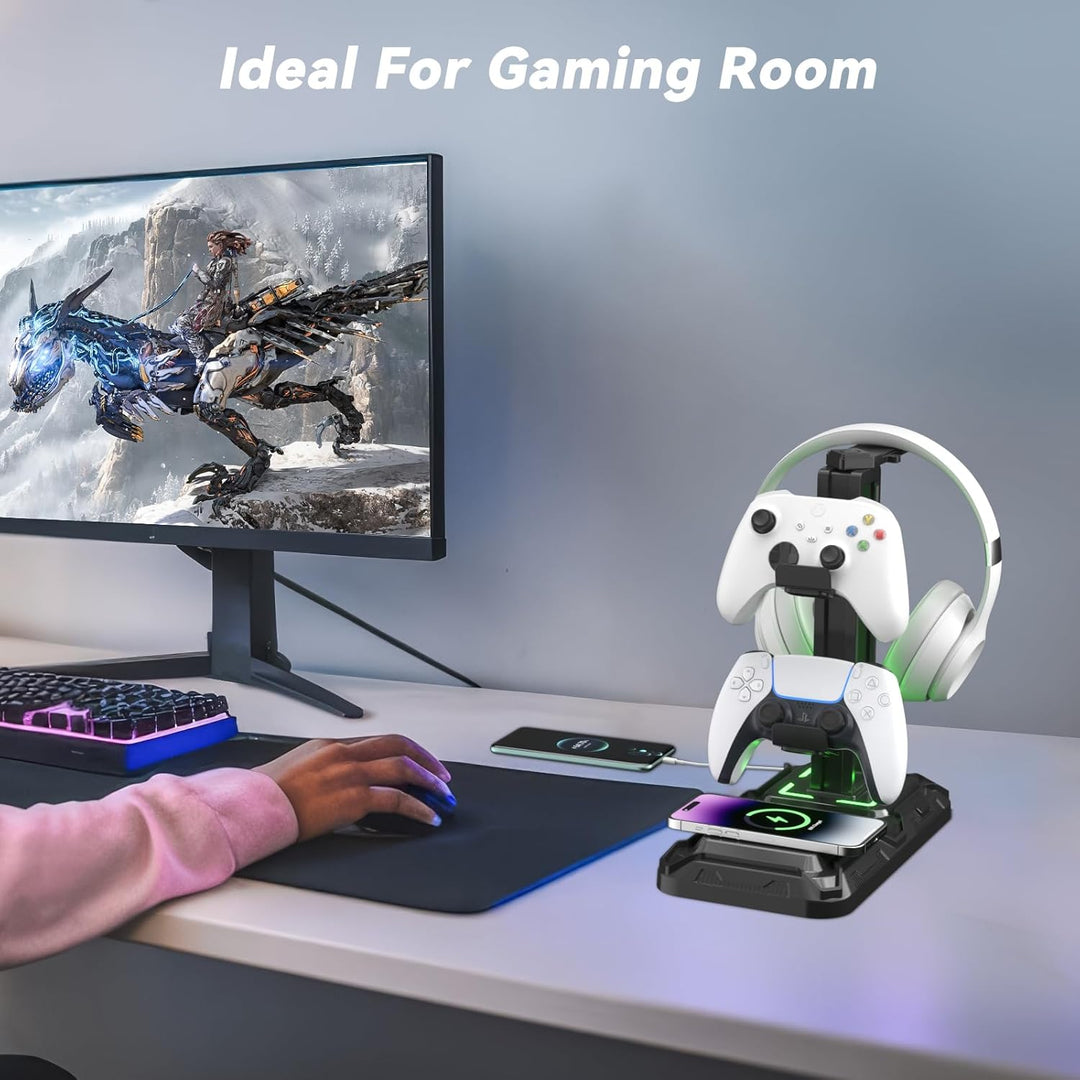 KDD Gaming Headset Halterung mit Wireless Ladegerät - Controller Halterung & Kopfhörer Ständer mit 9