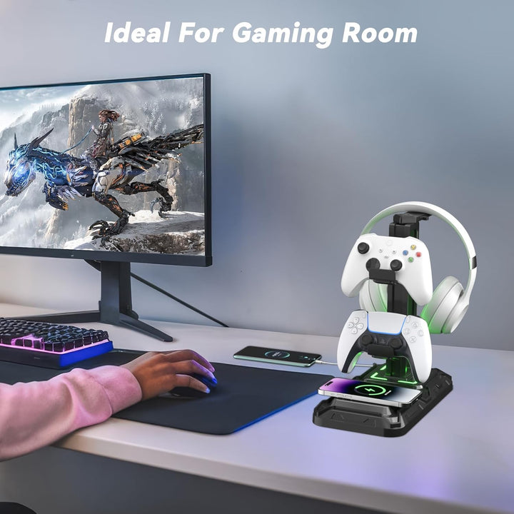 KDD Gaming Headset Halterung mit Wireless Ladegerät - Controller Halterung & Kopfhörer Ständer mit 9
