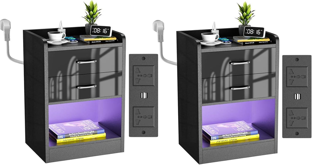 PIPIPOXER Moderner 2er Set Nachttisch mit Steckdose und LED-Beleuchtung, Nachtschrank mit 2 Schublad