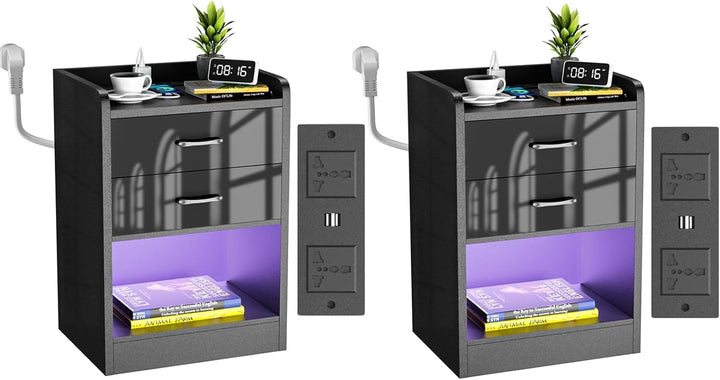 PIPIPOXER Moderner 2er Set Nachttisch mit Steckdose und LED-Beleuchtung, Nachtschrank mit 2 Schublad