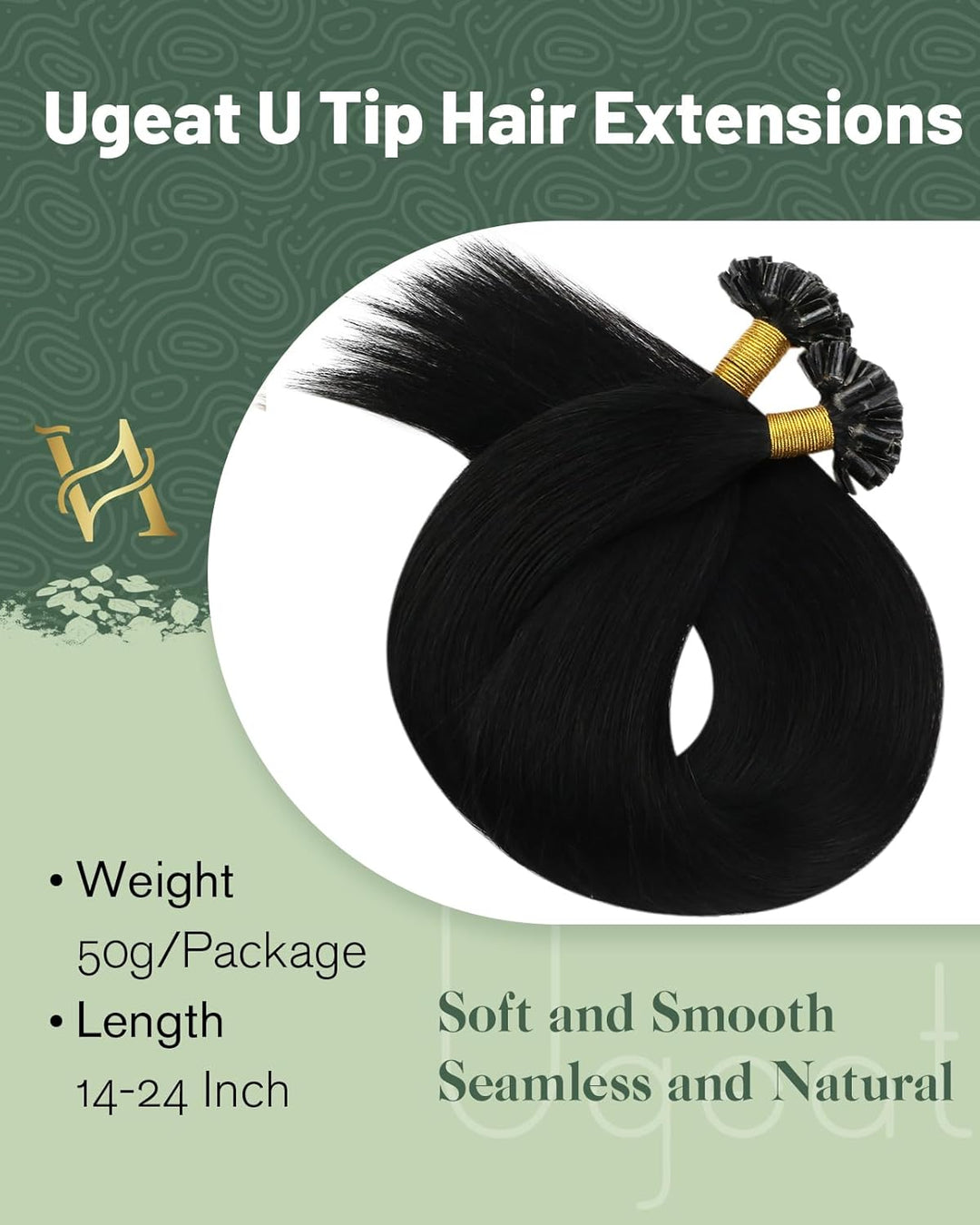 Ugeat 60cm Keratin Extensions Echthaar U Tip 1g/Strähnen Farbe 1B Naturliches Schwarz Bondings Echth