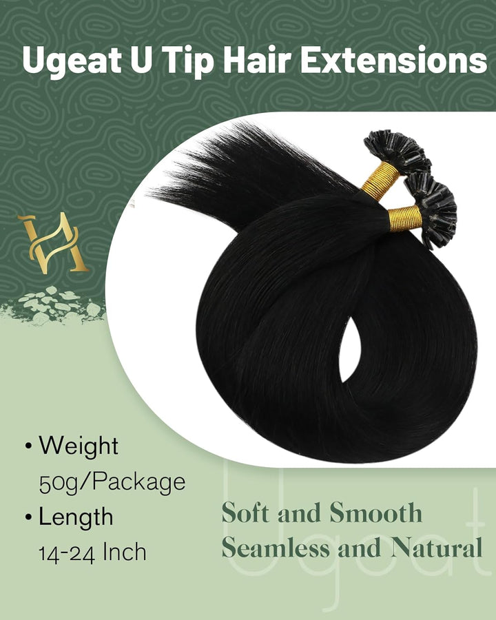 Ugeat 60cm Keratin Extensions Echthaar U Tip 1g/Strähnen Farbe 1B Naturliches Schwarz Bondings Echth