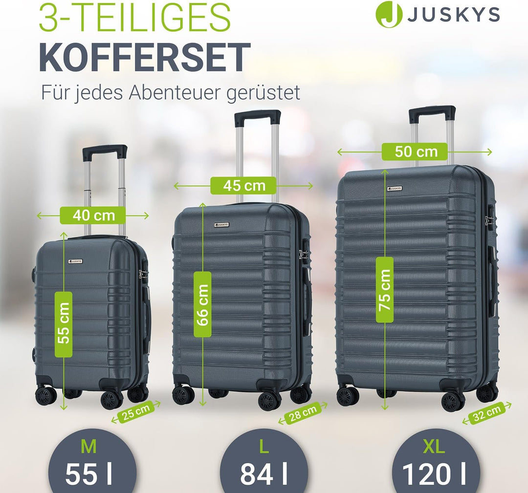 Juskys Hartschale Kofferset Reisekoffer 3 teilig - Zahlenschloss, geräuscharme 360° Rollen gross, Te