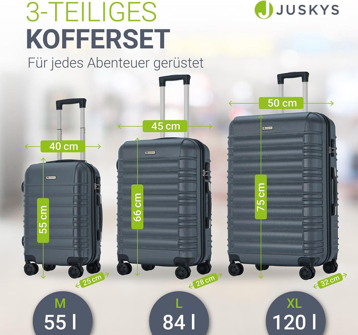 Juskys Hartschale Kofferset Reisekoffer 3 teilig - Zahlenschloss, geräuscharme 360° Rollen gross, Te