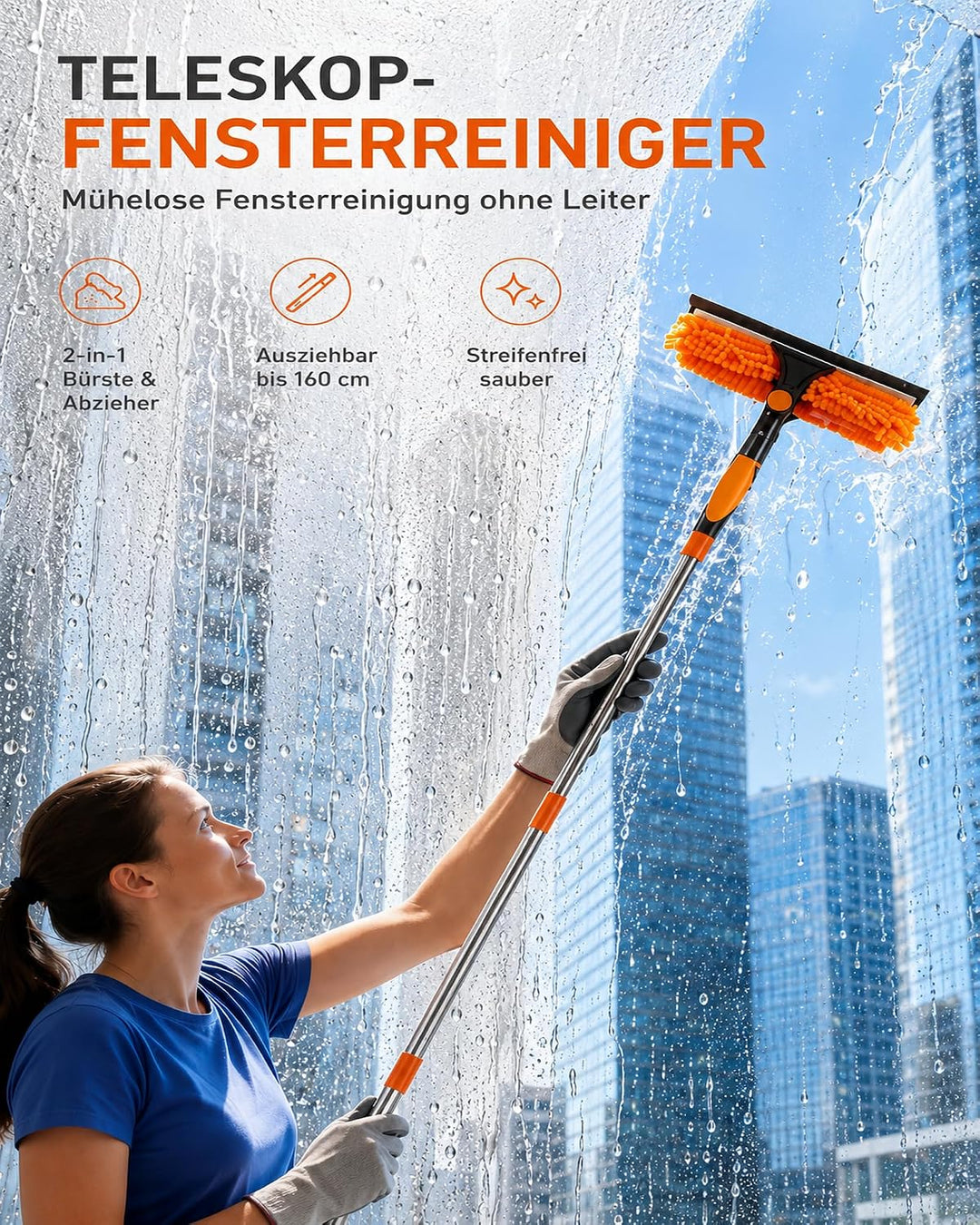 4,5 m Teleskop Fensterreiniger: Fensterwischer 270° drehbarer Kopf (Orange - 2-in-1), Orange - 2-in-