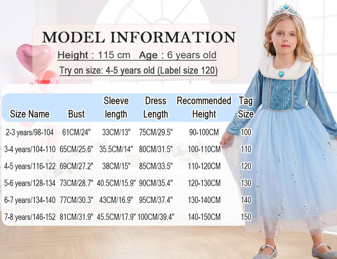 Snyemio Elsa Kostüm Mädchen Prinzessin Eiskönigin Kinder Kleid Eisprinzessin Verkleidung Langarm für
