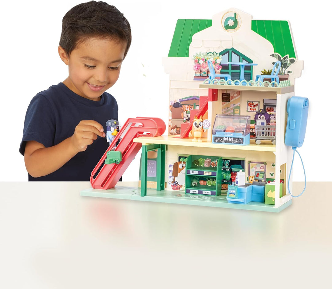 Blueys Supermarkt-Spielset, 3 Verschiedene Etagen mit exklusiven Bluey- & Bingo-Figuren. Mit funktio
