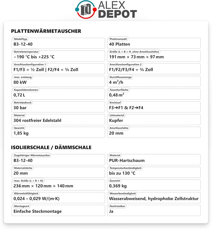 Edelstahl Plattenwärmetauscher + Isolation B3-12-40 mit 2x1/2 & 2x3/4 Zoll Anschl. 80kW Heizung Sola
