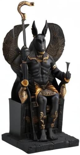 Veronese Design Skulptur Ägyptischer Gott Anubis sitzt auf Thron, Kunstharz, Schwarz / Gold lackiert