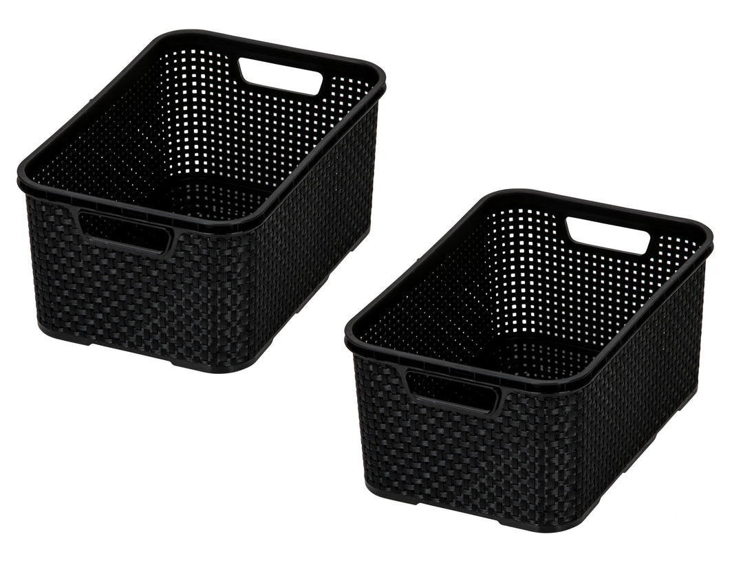 BranQ - Home essential Korb in Rattan Design 2er Set Grösse L 19 l, BPA-frei Kunststoff PP, Schwarz,
