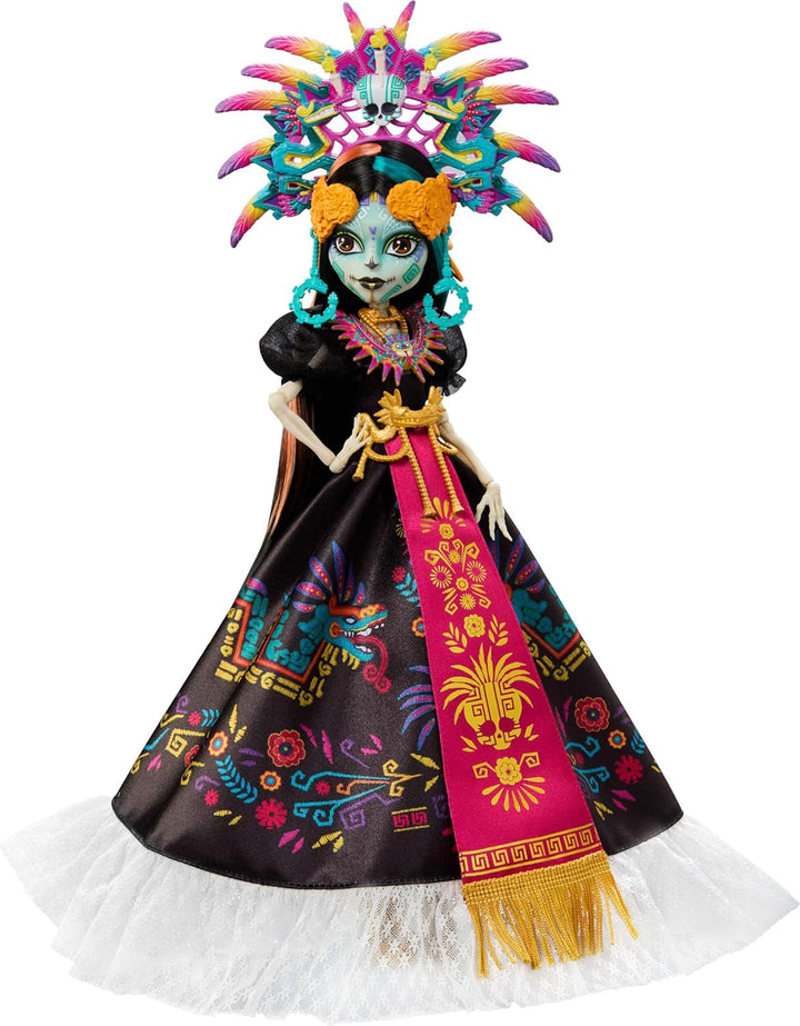 Monster High Puppe, Skelita Calaveras Día de Muertos 2025 Sammelfigur, Robe im Aztekenstil mit bunte