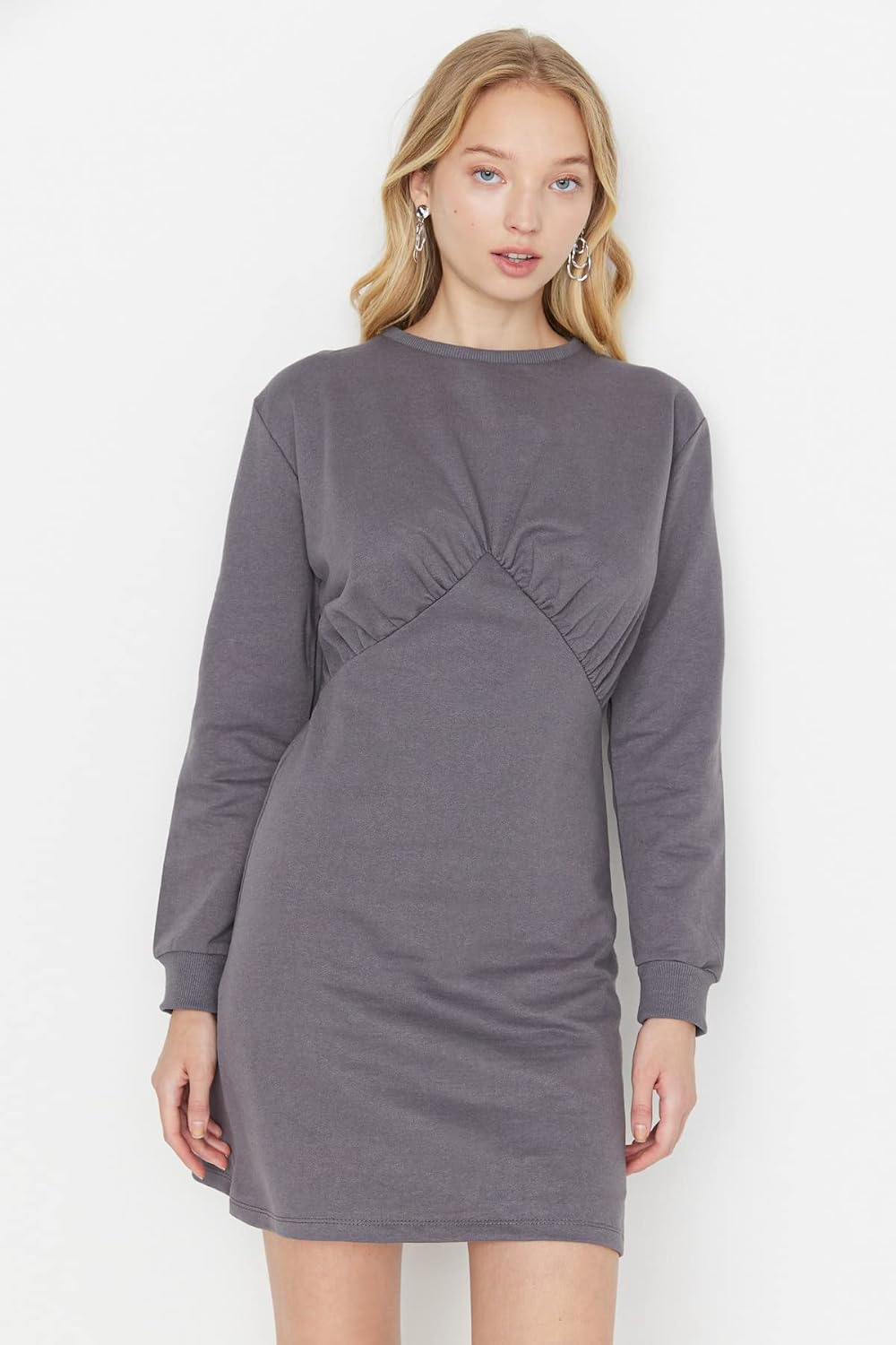 TRENDYOL Damen Woman Maxi Skater Rundhalsausschnitt Webstoff Kleid M Gray, M Gray