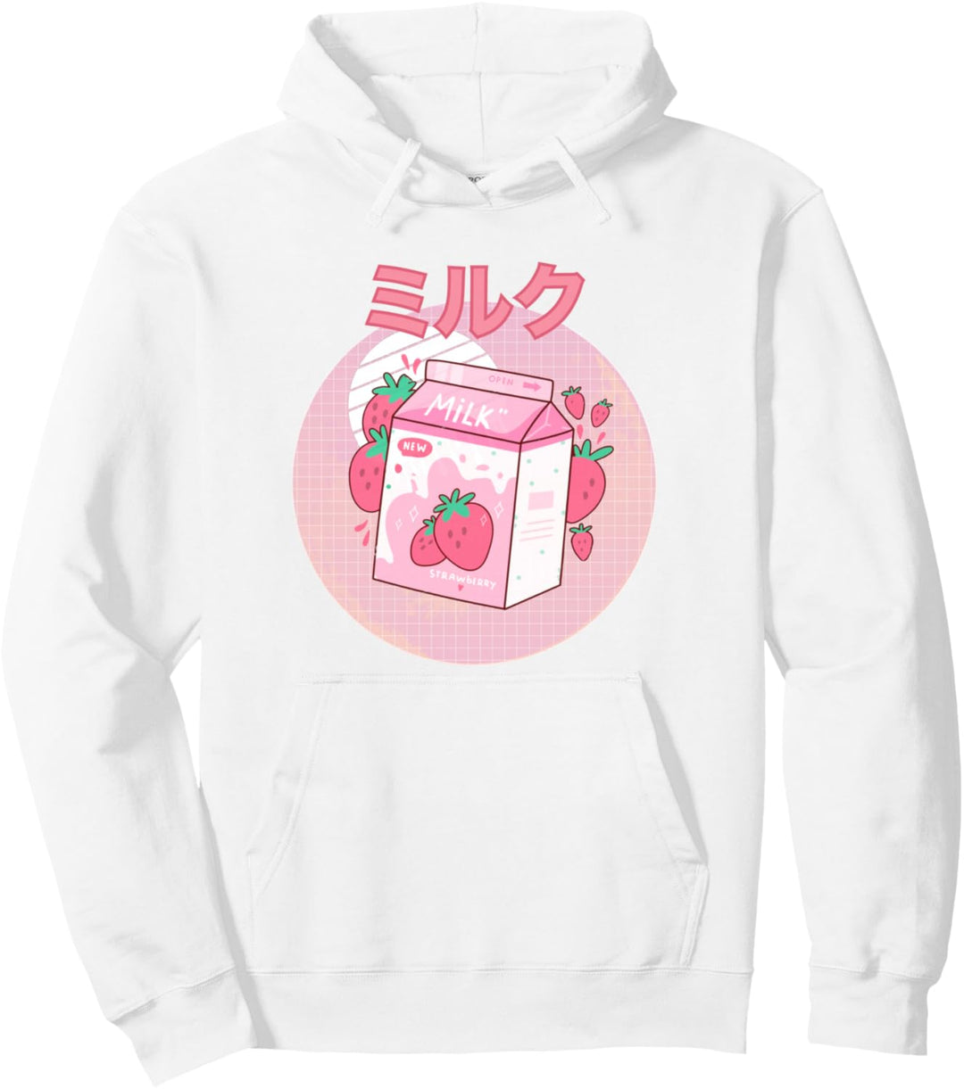 Erdbeer-Milchshake-Karton Rosa Lustige Japanische Retro 90er Jahre Pullover Hoodie