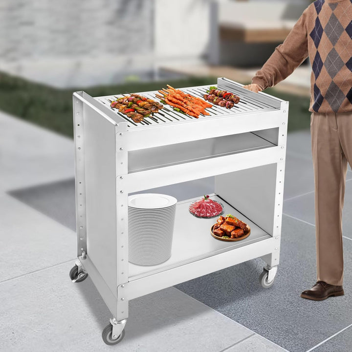 Edelstahl Grillwagen, Grilltisch mit 4 Universal Rollen, 3 Ebenen Grill Beistelltisch, Multifunktion